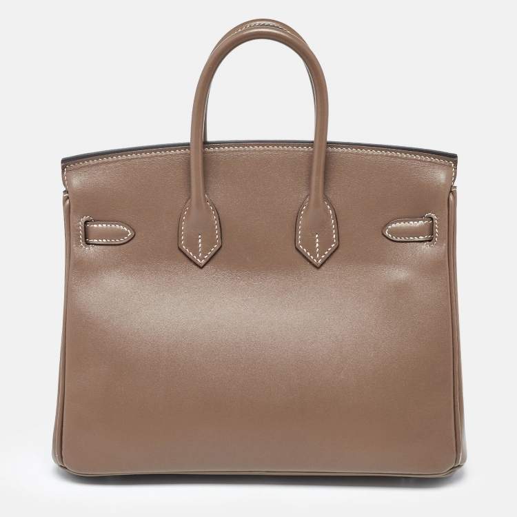 Pre Owned Hermes Birkin 25 Palladium Finish Etoupe Tadelakt Leather Tote