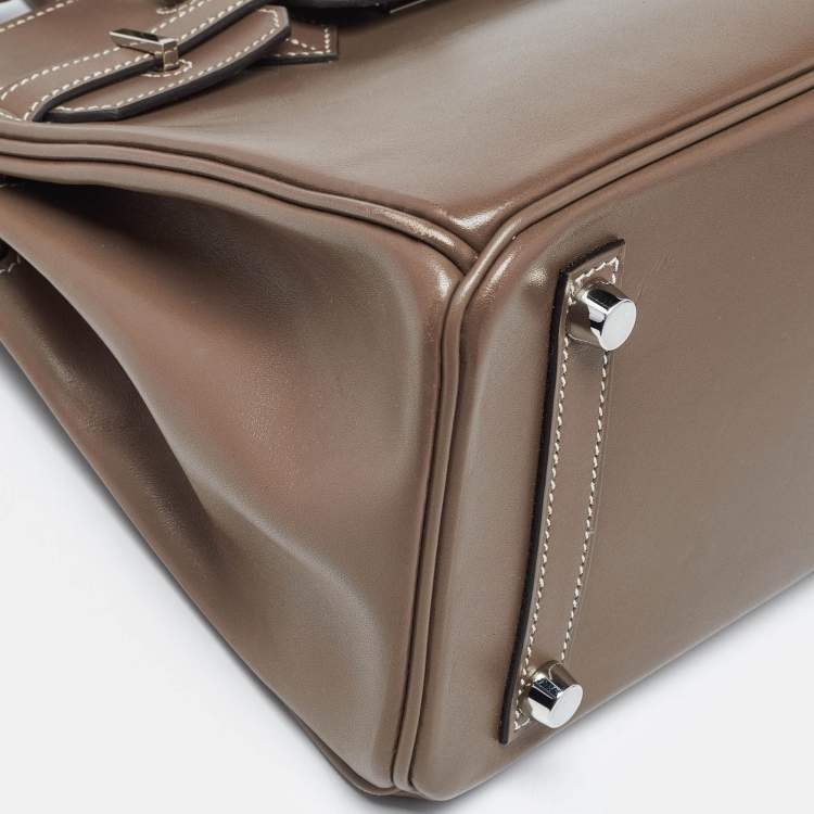 Pre Owned Hermes Birkin 25 Palladium Finish Etoupe Tadelakt Leather Tote