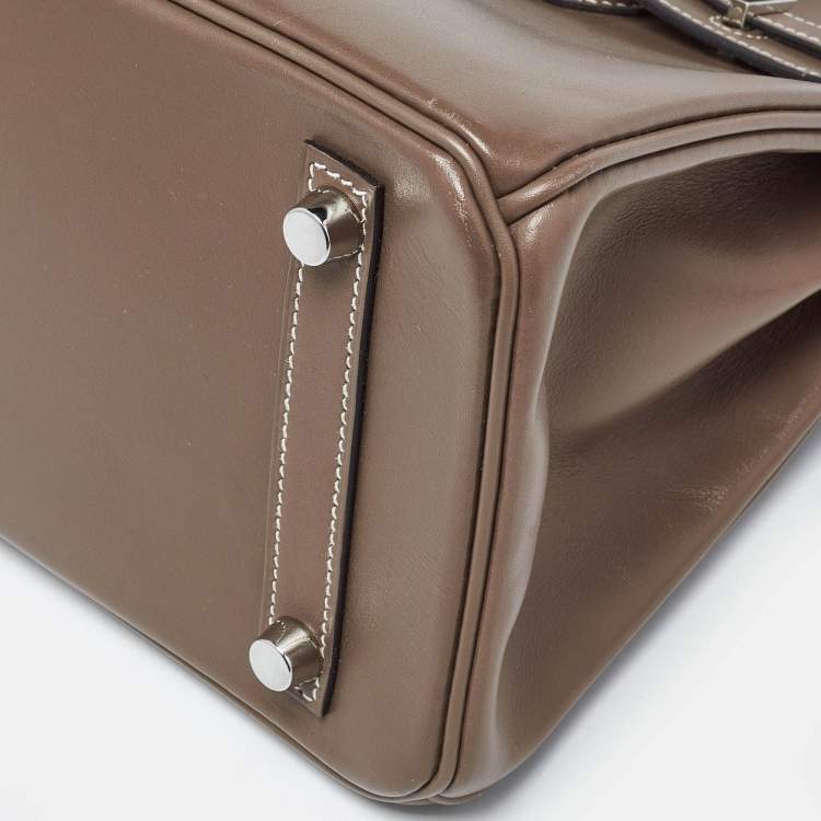 Pre Owned Hermes Birkin 25 Palladium Finish Etoupe Tadelakt Leather Tote