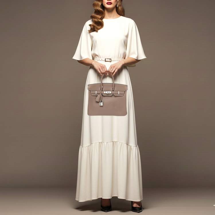 Pre Owned Hermes Birkin 25 Palladium Finish Etoupe Tadelakt Leather Tote