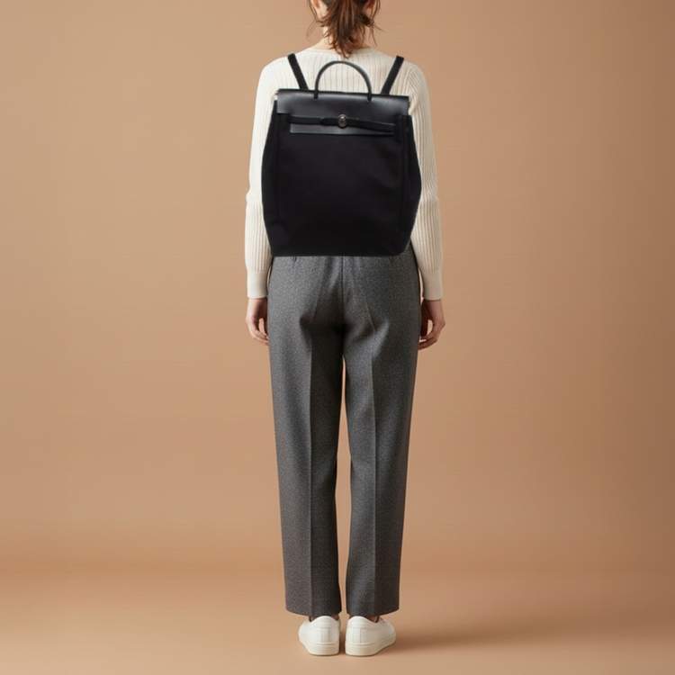 Pre Owned Hermes Herbag Black Toile Canvas and Vache Hunter 2-in-1 Backpack