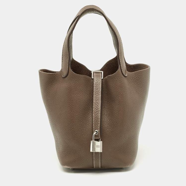 Pre Owned Hermes Picotin Lock 18 Etoupe Taurillon Clemence Leather Tote