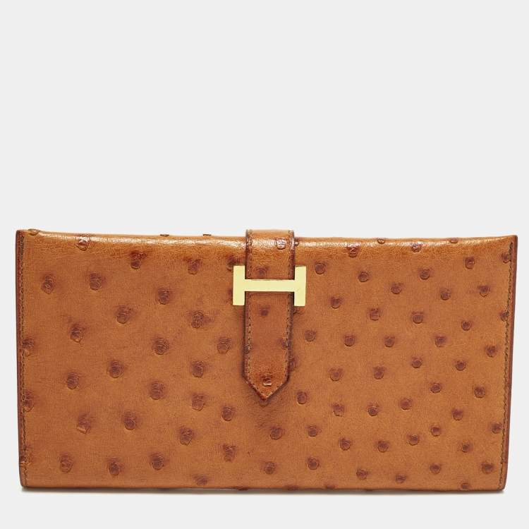 Pre Owned Hermes Bearn Gusset Natural Sable Ostrich Continental Wallet