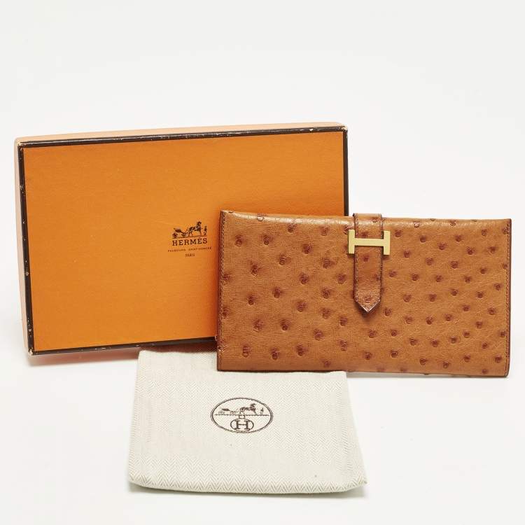 Pre Owned Hermes Bearn Gusset Natural Sable Ostrich Continental Wallet