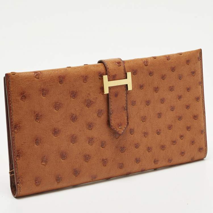 Pre Owned Hermes Bearn Gusset Natural Sable Ostrich Continental Wallet