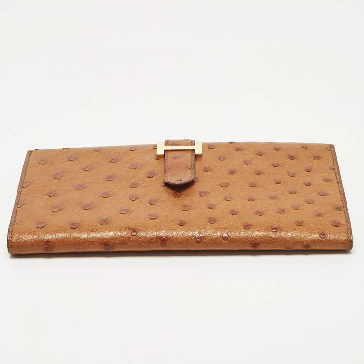Pre Owned Hermes Bearn Gusset Natural Sable Ostrich Continental Wallet