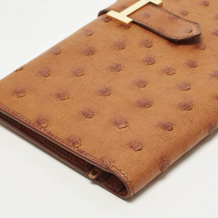 Pre Owned Hermes Bearn Gusset Natural Sable Ostrich Continental Wallet