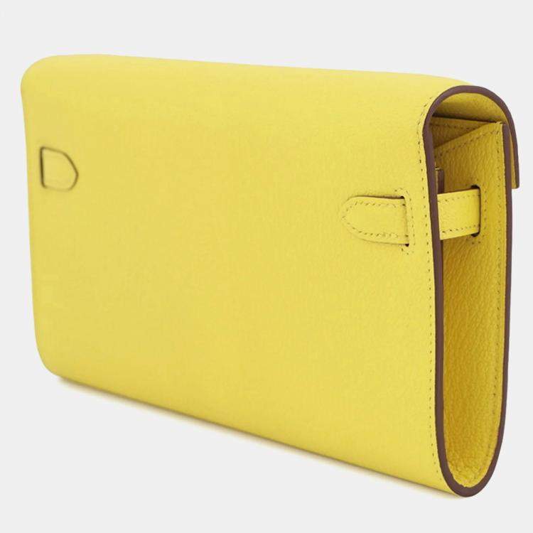 Pre Owned Hermes Kelly Wallet Long To-Go Shoulder Bag Lime Chevre Mysore