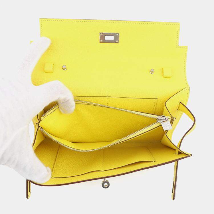 Pre Owned Hermes Kelly Wallet Long To-Go Shoulder Bag Lime Chevre Mysore