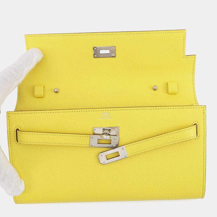 Pre Owned Hermes Kelly Wallet Long To-Go Shoulder Bag Lime Chevre Mysore