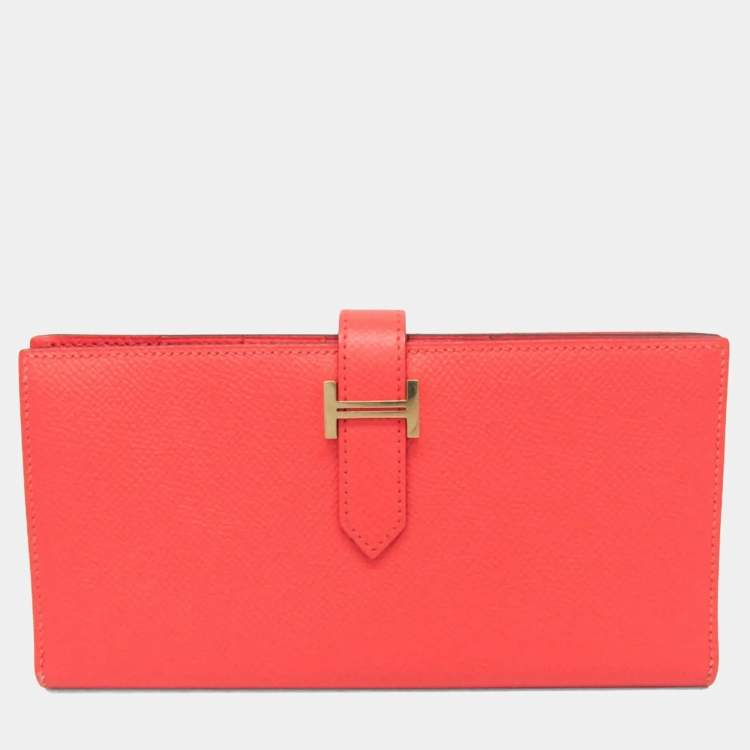 Pre Owned Hermes Bearn Bearn Souffl Epsom Leather Long Wallet Bi-Fold Salmon Pink