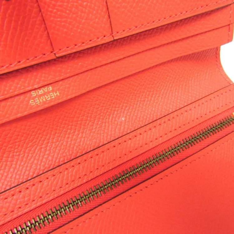 Pre Owned Hermes Bearn Bearn Souffl Epsom Leather Long Wallet Bi-Fold Salmon Pink