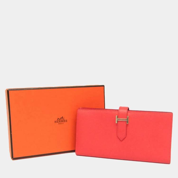 Pre Owned Hermes Bearn Bearn Souffl Epsom Leather Long Wallet Bi-Fold Salmon Pink