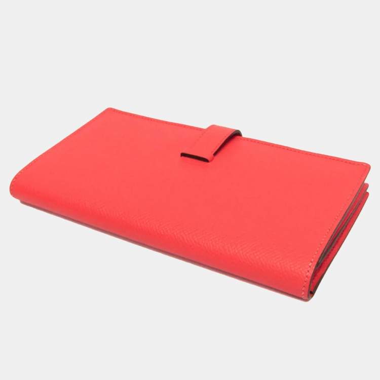 Pre Owned Hermes Bearn Bearn Souffl Epsom Leather Long Wallet Bi-Fold Salmon Pink