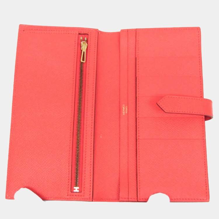 Pre Owned Hermes Bearn Bearn Souffl Epsom Leather Long Wallet Bi-Fold Salmon Pink