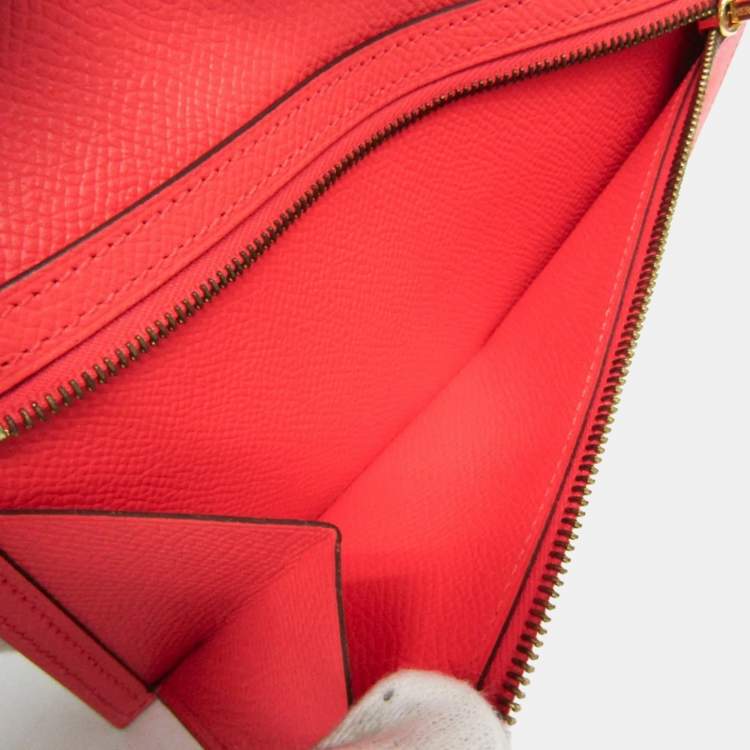 Pre Owned Hermes Bearn Bearn Souffl Epsom Leather Long Wallet Bi-Fold Salmon Pink