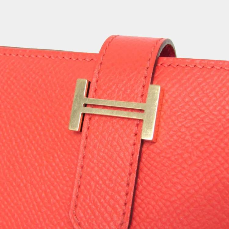 Pre Owned Hermes Bearn Bearn Souffl Epsom Leather Long Wallet Bi-Fold Salmon Pink