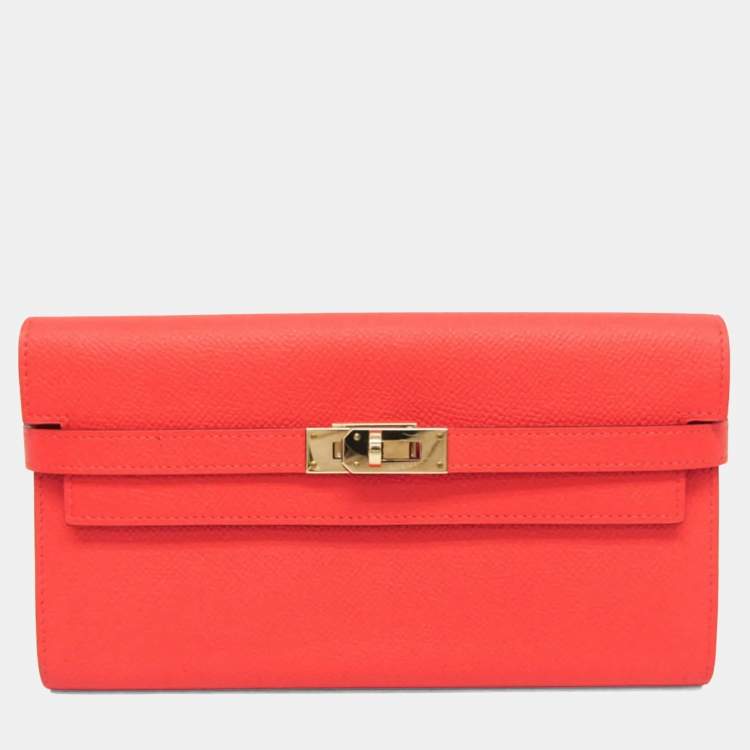 Pre Owned Hermes Kelly Wallet  Epsom Leather Long Wallet Bi-Fold Rose Jaipur Salmon Pink
