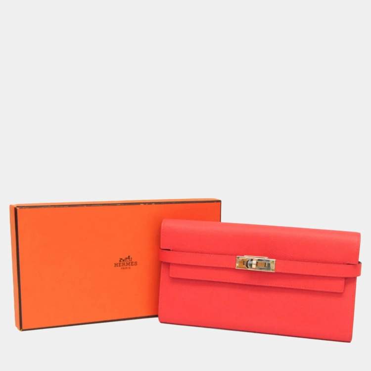Pre Owned Hermes Kelly Wallet  Epsom Leather Long Wallet Bi-Fold Rose Jaipur Salmon Pink