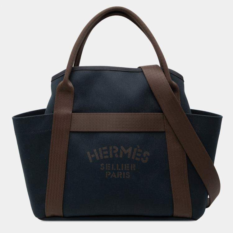 Pre Owned Hermes Blue Brown Toile Sac de Pansage Grooming Bag