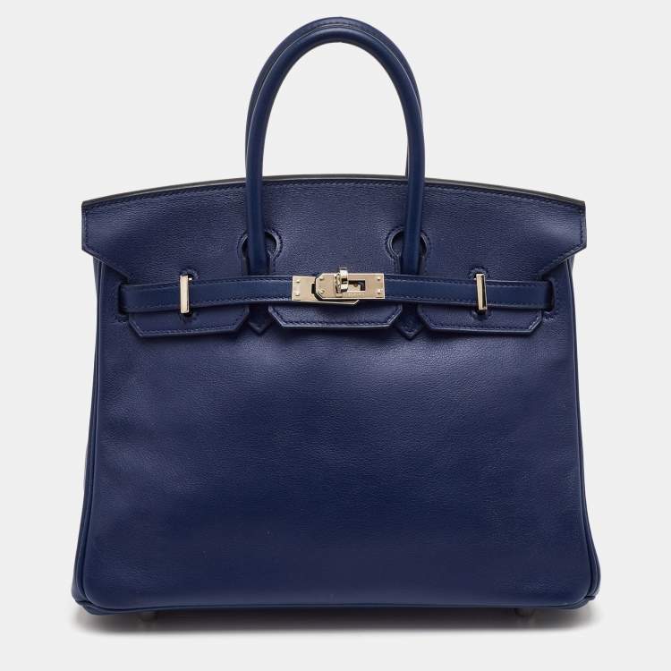 Pre Owned Hermes Birkin 25 Palladium Finish Bleu Saphir Swift Leather Tote