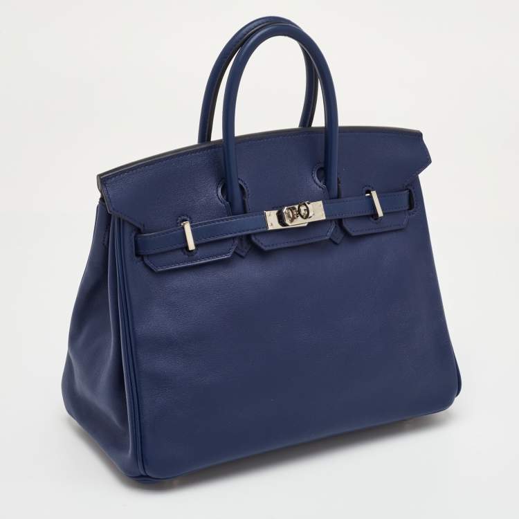 Pre Owned Hermes Birkin 25 Palladium Finish Bleu Saphir Swift Leather Tote