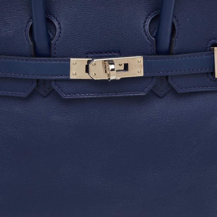 Pre Owned Hermes Birkin 25 Palladium Finish Bleu Saphir Swift Leather Tote