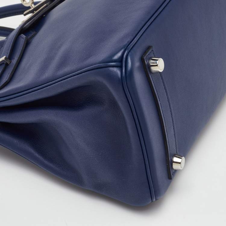 Pre Owned Hermes Birkin 25 Palladium Finish Bleu Saphir Swift Leather Tote