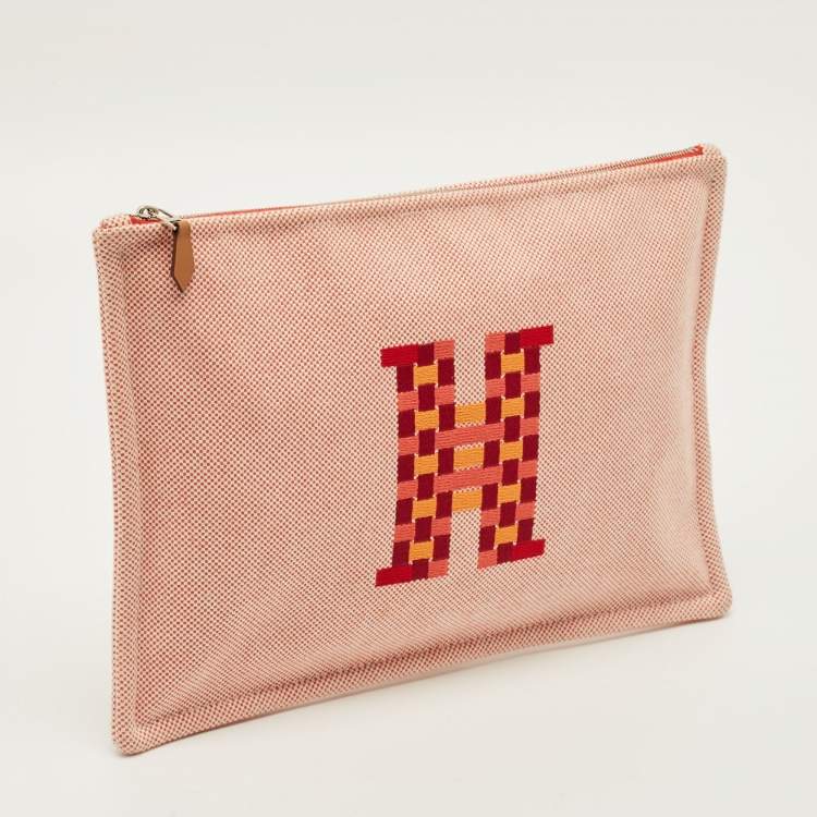 Pre Owned Hermes H Tissage Vermilion Canvas Pouch
