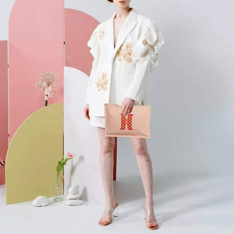 Pre Owned Hermes H Tissage Vermilion Canvas Pouch