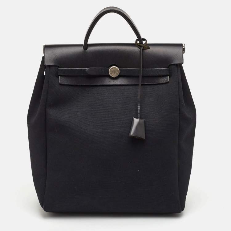 Pre Owned Hermes Herbag Black Toile Canvas and Vache Hunter Top Handle Bag