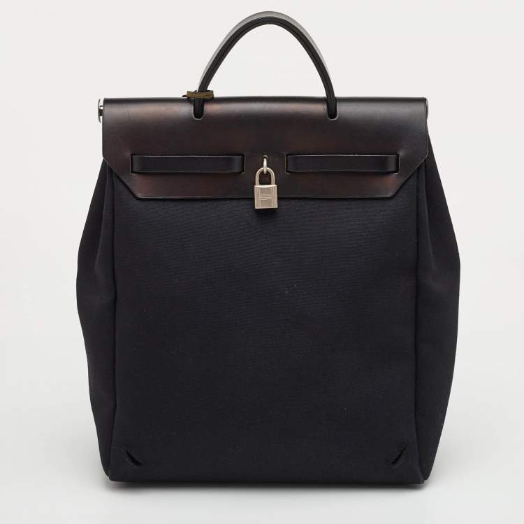 Pre Owned Hermes Herbag Black Toile Canvas and Vache Hunter Top Handle Bag