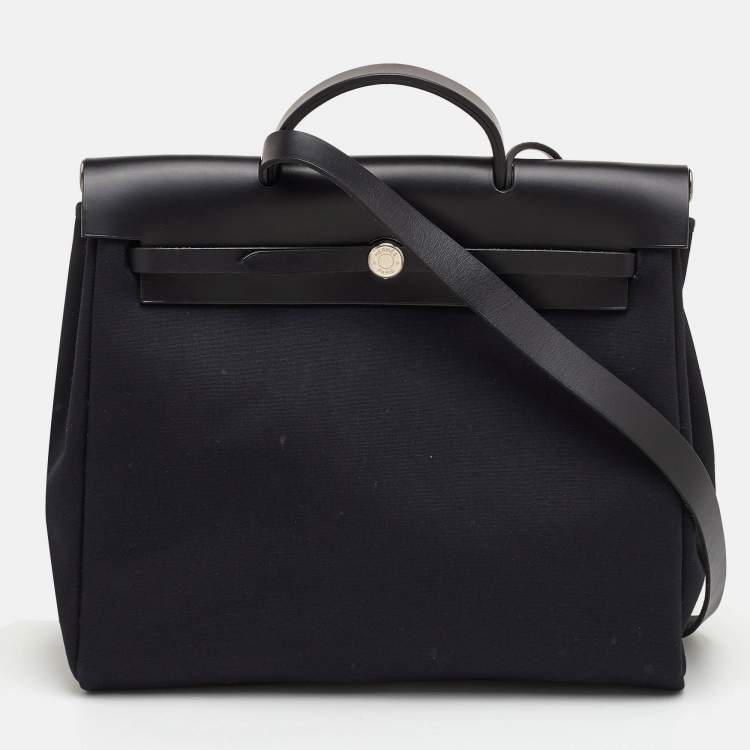 Pre Owned Hermes Herbag 39 Black Toile Canvas and Vache Hunter Top Handle Bag