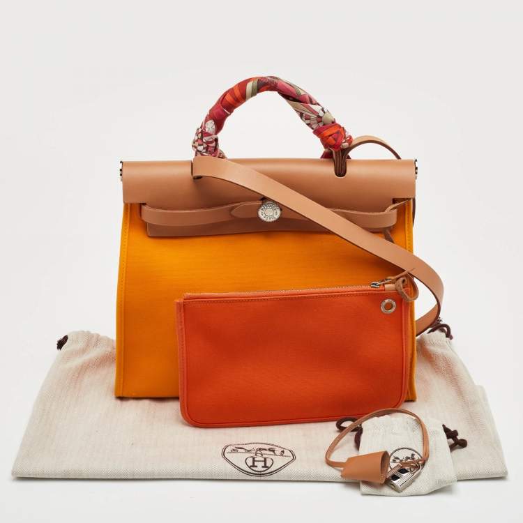 Pre Owned Hermes Herbag Zip 31 Jaune d'Or/Natural Toile and Vache Hunter Top Handle Bag