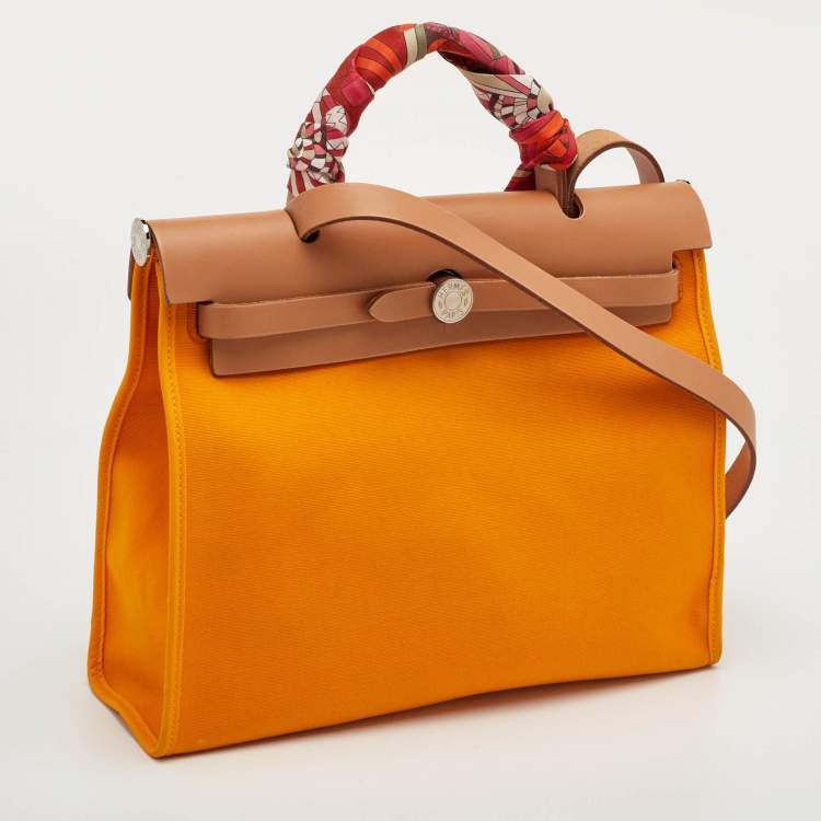 Pre Owned Hermes Herbag Zip 31 Jaune d'Or/Natural Toile and Vache Hunter Top Handle Bag