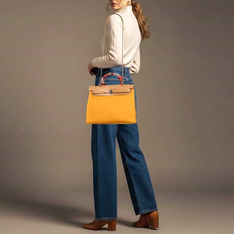 Pre Owned Hermes Herbag Zip 31 Jaune d'Or/Natural Toile and Vache Hunter Top Handle Bag