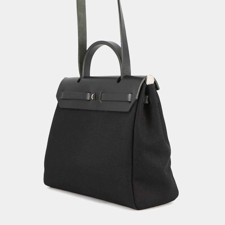 Pre Owned Hermes Herbag Black Toile Officier Vache Hunter Leather Size Pm