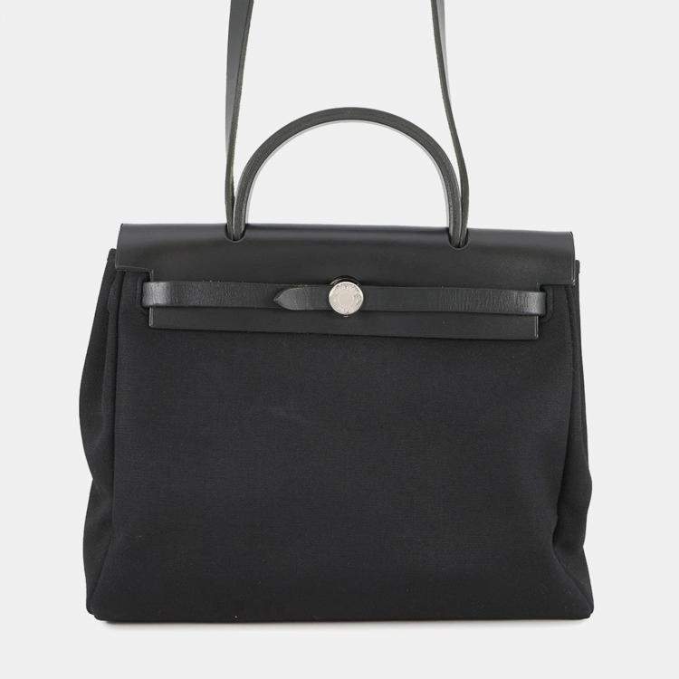 Pre Owned Hermes Herbag Black Toile Officier Vache Hunter Leather Size Pm