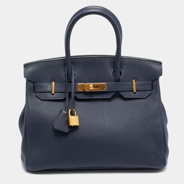 Pre Owned Hermès Birkin 30 Gold Finish Bleu Nuit Togo Leather Tote