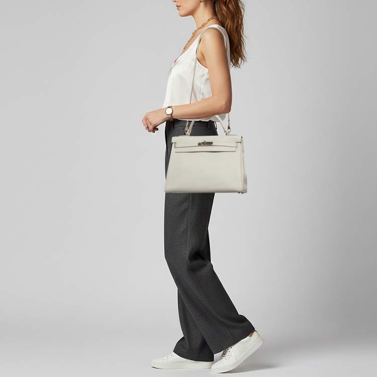 Pre Owned Hermès Kelly Retourne 32 Palladium Finish Gris Perle Taurillon Clemence Leather Top Handle Bag