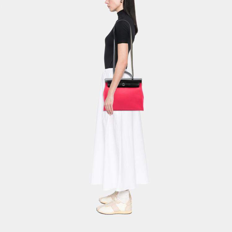 Pre Owned Hermes Black Pink Toile Herbag Zip 31