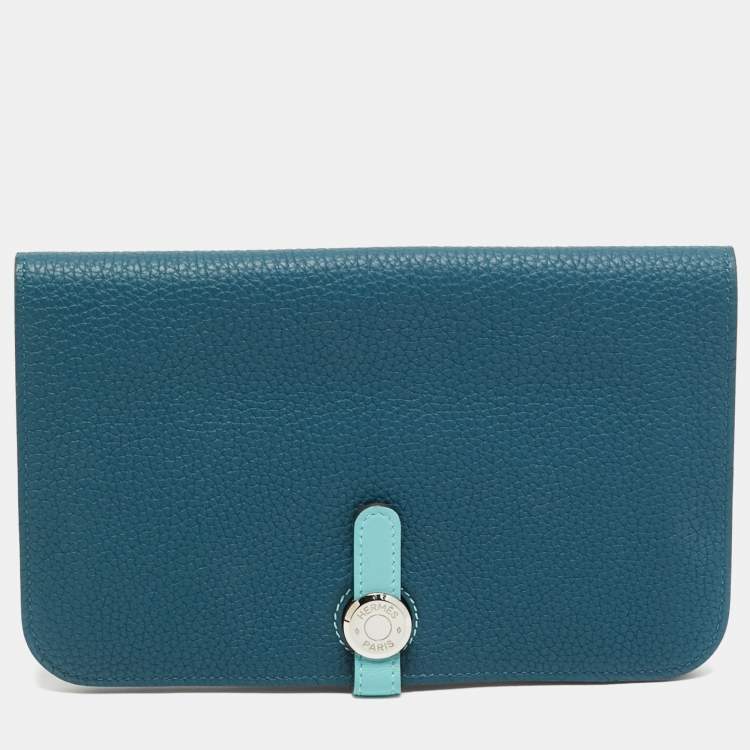 Pre Owned Hermes Dogon Duo Colvert/Bleu Atoll Taurillon Clemence and Swift Leather Wallet