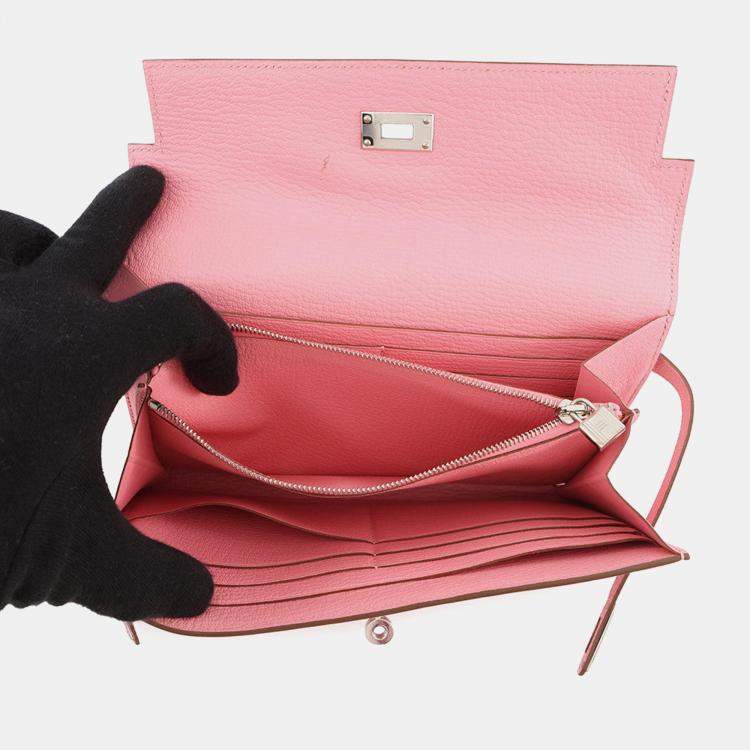 Pre Owned Hermes Kelly Wallet Long Rose Confetti Chevre Myzore Goatskin