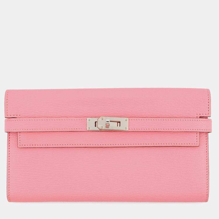 Pre Owned Hermes Kelly Wallet Long Rose Confetti Chevre Myzore Goatskin