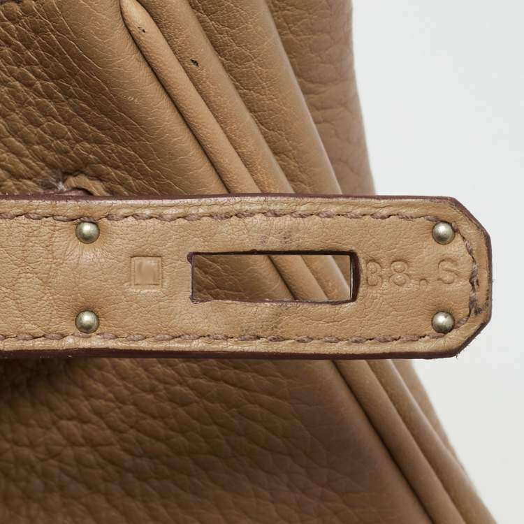 Pre Owned Hermes Birkin 35 Palladium Finish Tabac Camel Taurillon Clemence Leather Tote