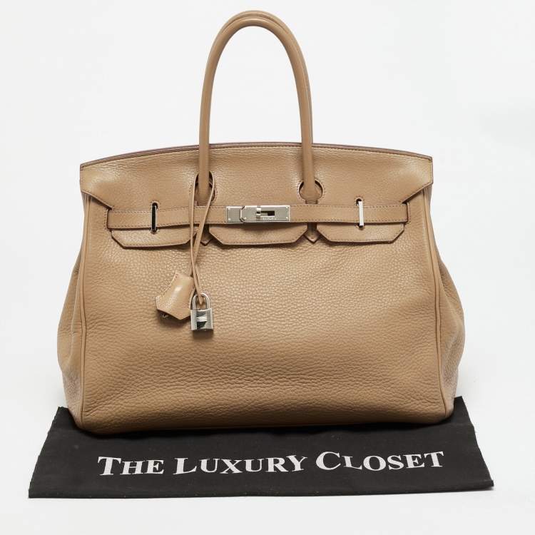 Pre Owned Hermes Birkin 35 Palladium Finish Tabac Camel Taurillon Clemence Leather Tote