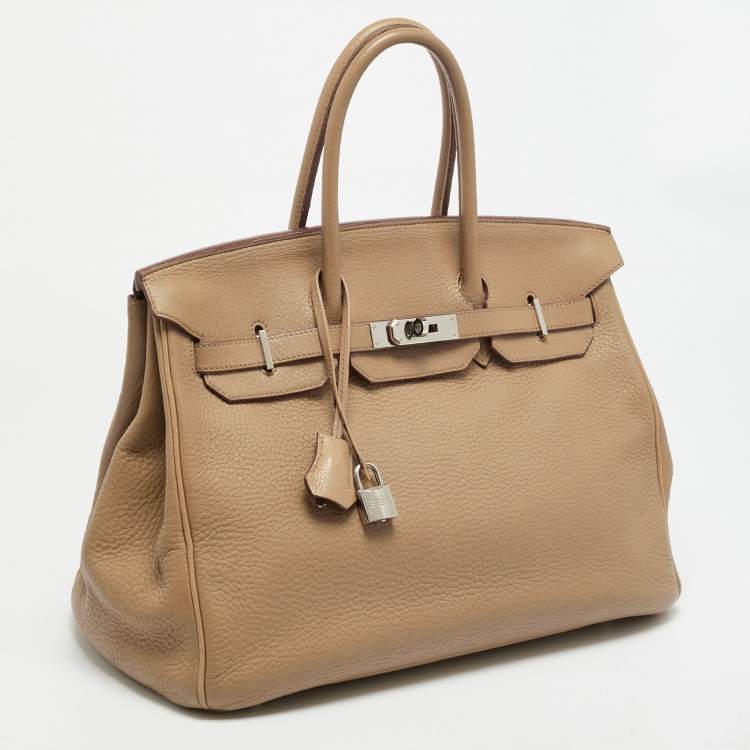 Pre Owned Hermes Birkin 35 Palladium Finish Tabac Camel Taurillon Clemence Leather Tote