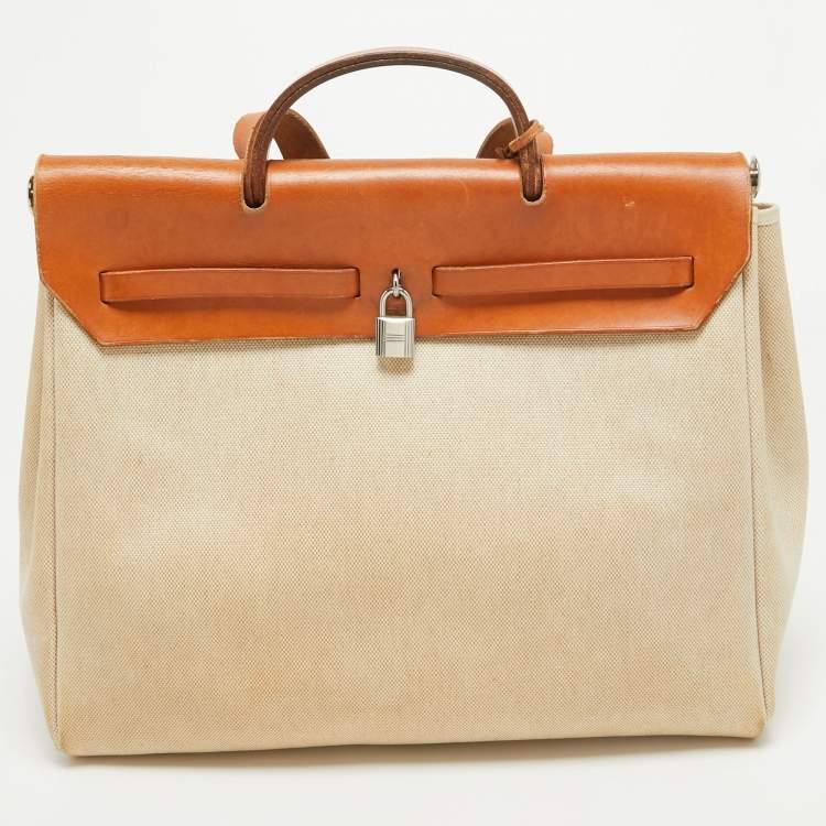 Pre Owned Hermes Tan/Beige Canvas and Leather 2 in 1 Herbag 39 Bag