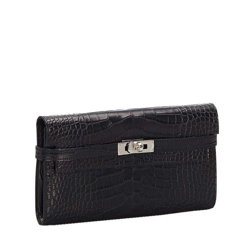 Pre Owned Hermes Black Alligator Leather Kelly Wallet