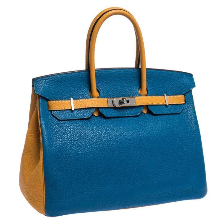 Pre Owned Hermes Blue Hydra/Jaune d'Or Clemence Leather Special Order Palladium Hardware Birkin 35 Bag